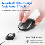 Grey and Black Portable Mini USB Mouse with Retractable Cable - Compact Travel Mouse for PC and Laptop