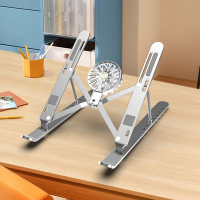 Silver Adjustable Aluminum Laptop Stand with Detachable Cooling Fan - Portable Ergonomic Riser for Desk
