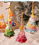2 Pcs Style A Yellow and Pink Handmade Crochet Christmas Tree Ornament - Festive Hanging Decoration with Jingle Bell - 45-Degree Angle
