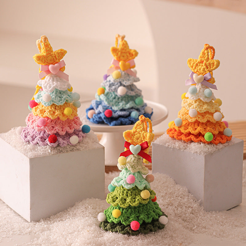 2 Pcs Style B Yellow and Purple Handmade Crochet Christmas Tree Ornament - Festive Hanging Decoration with Jingle Bell