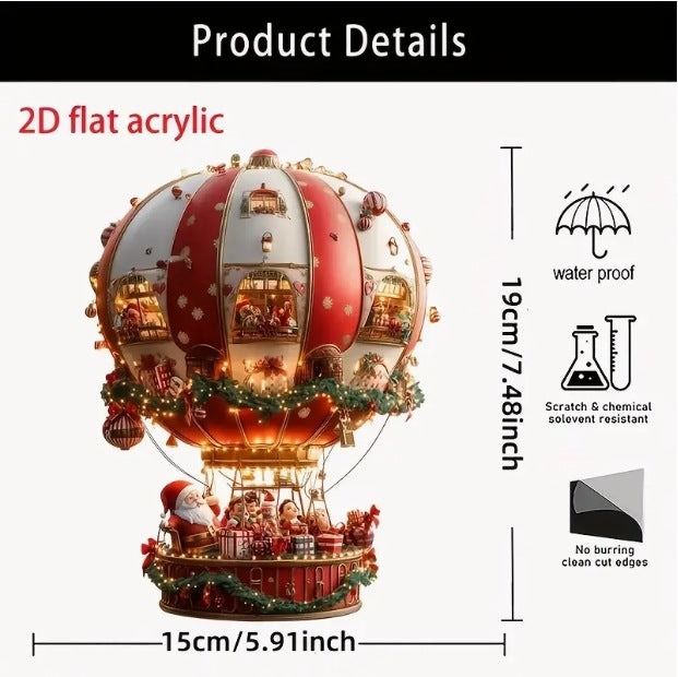 Red Whimsical Santa's Hot Air Balloon Ornament - 2D Flat Acrylic Hanging Decoration for Wall & Tree
