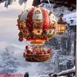 Red Whimsical Santa's Hot Air Balloon Ornament - 2D Flat Acrylic Hanging Decoration for Wall & Tree - Top-Down View