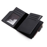 Black Men's Slim Vertical Bifold Wallet - PU Leather Card Holder with Zipper Coin Pocket and ID Window - Top-Down View