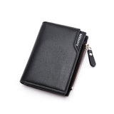 Brown Men's Slim Vertical Bifold Wallet - PU Leather Card Holder with Zipper Coin Pocket and ID Window - Front View