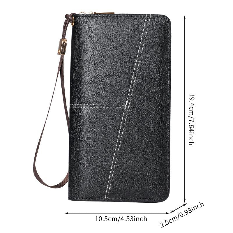 Brown Men's Long Zipper Wallet Clutch - PU Leather Wristlet with Phone and Card Slots