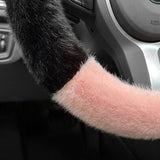 Pink Stitching White Plush Cat Ear Steering Wheel Cover - Cute & Fuzzy Winter Grip, Universal 38cm Fit - Top-Down View