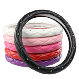 Black Luxury Bling Steering Wheel Cover - Black Quilted Leather with Crystal Rhinestones, Universal 38cm Fit - Low Angle