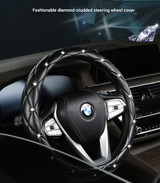 Rose Red Luxury Bling Steering Wheel Cover - Black Quilted Leather with Crystal Rhinestones, Universal 38cm Fit - Front View
