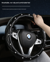 Red Luxury Bling Steering Wheel Cover - Black Quilted Leather with Crystal Rhinestones, Universal 38cm Fit - Top-Down View