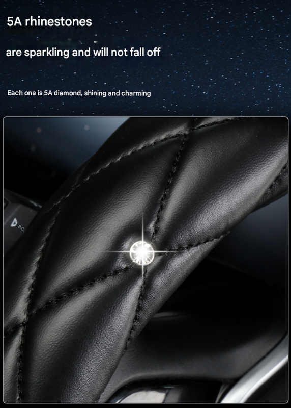 Red Luxury Bling Steering Wheel Cover - Black Quilted Leather with Crystal Rhinestones, Universal 38cm Fit