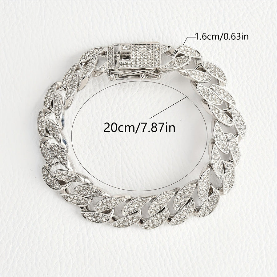 Silver 16mm Iced Out Cuban Link Bracelet - Heavy Paved Rhinestone Hip Hop Chain for Men