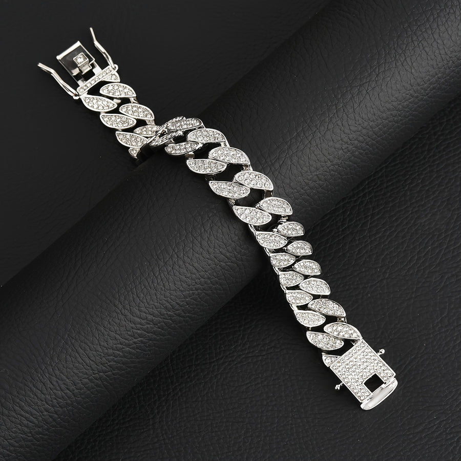 Silver 16mm Iced Out Cuban Link Bracelet - Heavy Paved Rhinestone Hip Hop Chain for Men