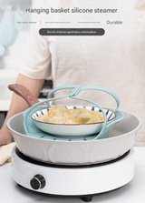 Small Blue Flexible Silicone Steamer Basket with Heat-Resistant Handles - Food-Grade Vegetable Steamer Insert for Pots & Pans - Front View