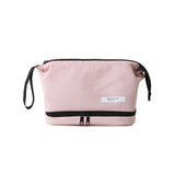 Pink Chic Dual-Compartment Makeup & Toiletry Bag - Large Capacity Travel Organizer with Brush Holder - Top-Down View