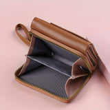 Brown Chic Compact Trifold Wallet for Women - PU Leather Card Holder with Zipper Coin Purse & Wristlet Strap - Top-Down View