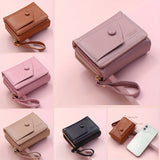Khaki Chic Compact Trifold Wallet for Women - PU Leather Card Holder with Zipper Coin Purse & Wristlet Strap - Front View
