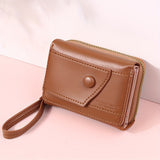 Khaki Chic Compact Trifold Wallet for Women - PU Leather Card Holder with Zipper Coin Purse & Wristlet Strap - Side View