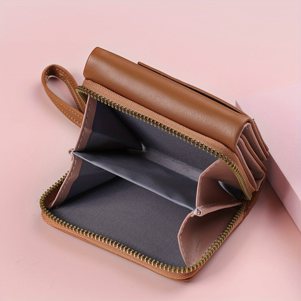 Khaki Chic Compact Trifold Wallet for Women - PU Leather Card Holder with Zipper Coin Purse & Wristlet Strap