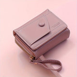 Khaki Chic Compact Trifold Wallet for Women - PU Leather Card Holder with Zipper Coin Purse & Wristlet Strap - 45-Degree Angle