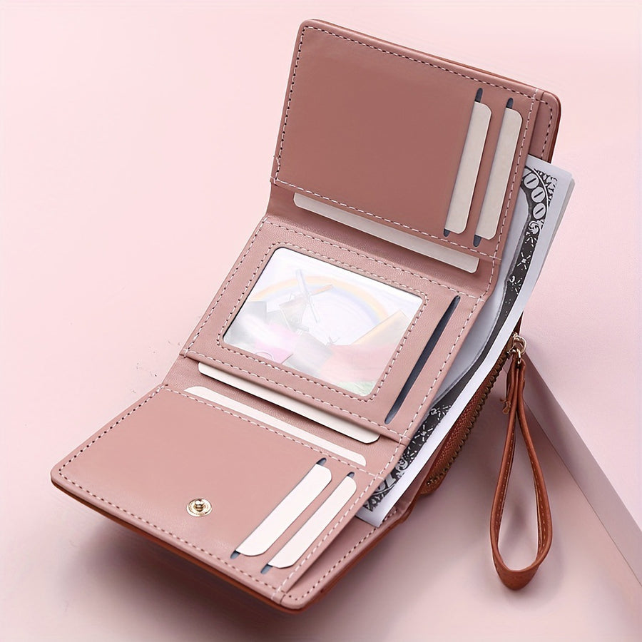 Purple Chic Compact Trifold Wallet for Women - PU Leather Card Holder with Zipper Coin Purse & Wristlet Strap