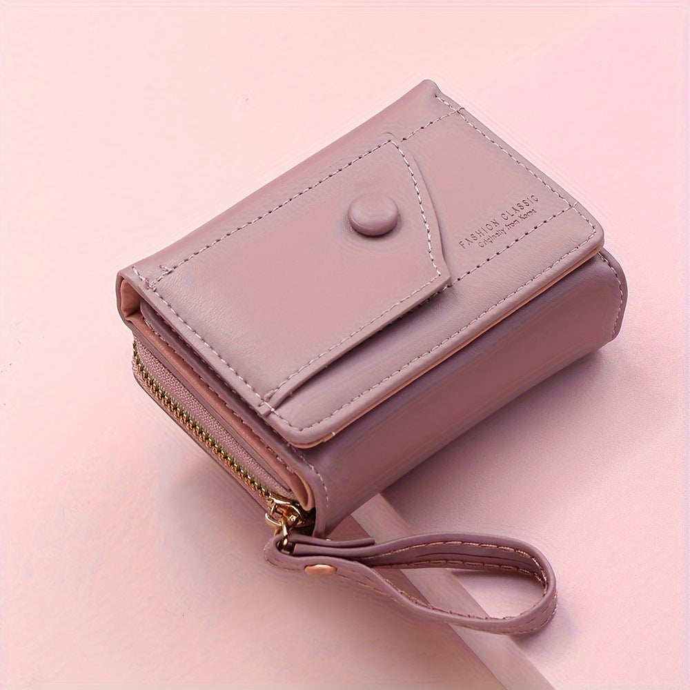 Pink Chic Compact Trifold Wallet for Women - PU Leather Card Holder with Zipper Coin Purse & Wristlet Strap