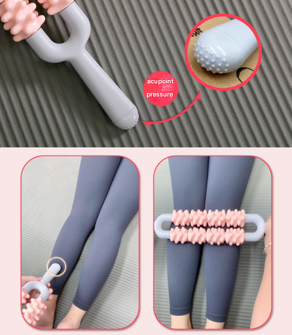 Pink and Grey Dual Row Spiky Muscle Roller Stick - Deep Tissue Massager for Back and Leg Recovery