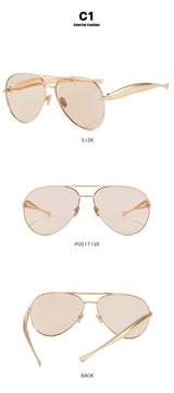 Style C1 Gold Frame Champagne Lenses Chic Oversized Aviator Sunglasses - Retro Metal Frame with UV400 Protection for Women - Front View