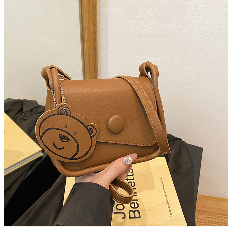 Brown Chic PU Leather Crossbody Bag with Cute Bear Charm - Adjustable Strap Shoulder Purse