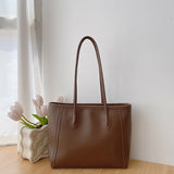 Brown Chic Large Capacity Tote Bag - PU Leather Commuter Shoulder Handbag for Women - Front View