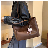 Brown Chic Large Capacity Tote Bag - PU Leather Commuter Shoulder Handbag for Women - Low Angle