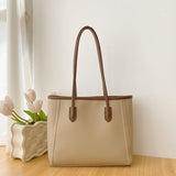 Khaki and Brown Chic Large Capacity Tote Bag - PU Leather Commuter Shoulder Handbag for Women - Front View