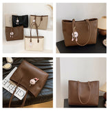 Khaki and Brown Chic Large Capacity Tote Bag - PU Leather Commuter Shoulder Handbag for Women - Side View