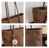 Khaki and Brown Chic Large Capacity Tote Bag - PU Leather Commuter Shoulder Handbag for Women - Top-Down View