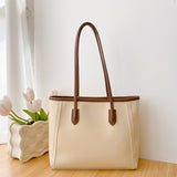 Beige and Brown Chic Large Capacity Tote Bag - PU Leather Commuter Shoulder Handbag for Women - Front View