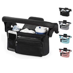 Black and Gray Stitching Universal Stroller Organiser Caddy with Insulated Cup Holders and Detachable Wristlet