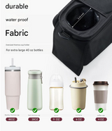 Black and Gray Stitching Universal Stroller Organiser Caddy with Insulated Cup Holders and Detachable Wristlet - Close-Up Angle