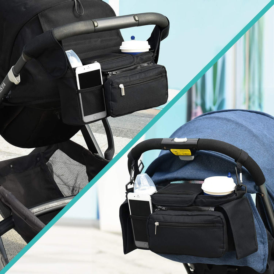 Black and Gray Stitching Universal Stroller Organiser Caddy with Insulated Cup Holders and Detachable Wristlet