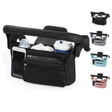 Grey and Black Stitching Universal Stroller Organiser Caddy with Insulated Cup Holders and Detachable Wristlet - Front View