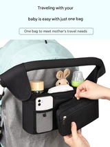 Pink and Black Stitching Universal Stroller Organiser Caddy with Insulated Cup Holders and Detachable Wristlet - 45-Degree Angle