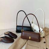 Beige Elegant Vintage Baguette Shoulder Bag - Chic PU Leather Underarm Purse with Gold Clasp - Front View