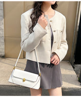 Beige Elegant Vintage Baguette Shoulder Bag - Chic PU Leather Underarm Purse with Gold Clasp - Low Angle