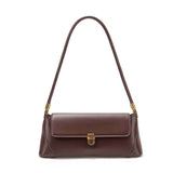 Brown Elegant Vintage Baguette Shoulder Bag - Chic PU Leather Underarm Purse with Gold Clasp - Top-Down View