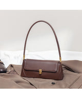 Brown Elegant Vintage Baguette Shoulder Bag - Chic PU Leather Underarm Purse with Gold Clasp - Rear View