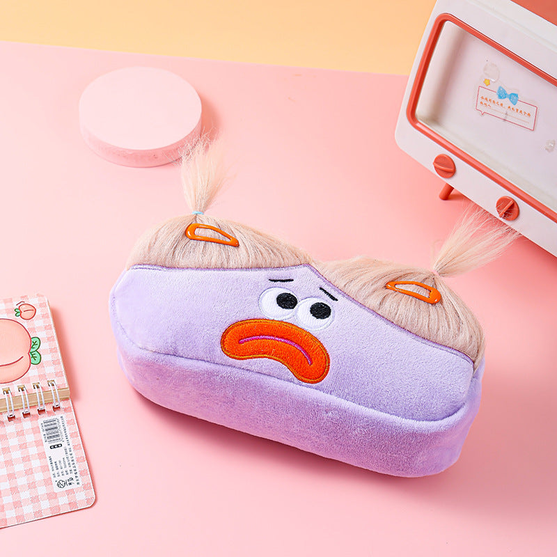 Purple and Blonde Hair Cute Plush Monster Pencil Case - Fluffy Stationery Pouch with DIY Styleable Hair for Kids