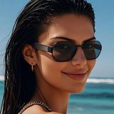 Gold Frame and Grey Lenses Modern Retro Geometric Sunglasses - Chic Metal Frame with UV400 Lenses and Black PU Leather Protective Case - Top-Down View