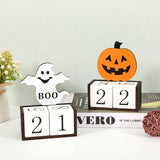 White Ghost Shape Festive Halloween Countdown Blocks - Reusable Wooden Perpetual Calendar for Desk Decor - Rear View