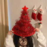 Red Sparkly Tinsel Christmas Tree Hat - Festive Holiday Party Headwear for Adults & Kids