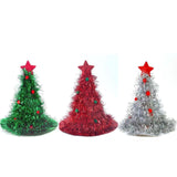 Red Sparkly Tinsel Christmas Tree Hat - Festive Holiday Party Headwear for Adults & Kids - Front View
