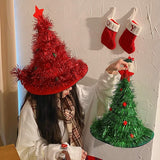 Green Sparkly Tinsel Christmas Tree Hat - Festive Holiday Party Headwear for Adults & Kids
