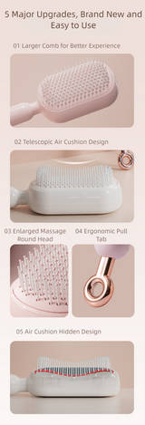 White Innovative Self-Cleaning Cushion Hairbrush - Retractable Bristle Detangling & Scalp Massager - Close-Up Angle